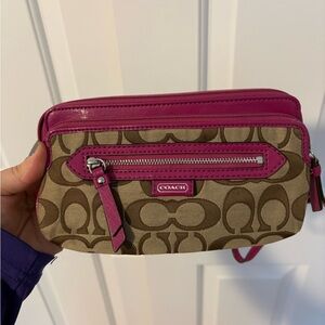 Coach Pink Trim Signature Canvas Wristlet